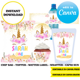 Editable Unicorn glitter Party Kit – Canva Templates (Chip Bags, Labels & More)
