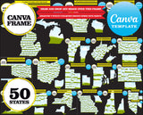Mapas de los 50 estados de EE. UU., marco de elementos, 50 estados con ciudades, arrastrar y soltar, CANVA