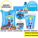 Editable Spidey and His Amazing Friends Party Kit – Canva Templates (Chip Bags, Labels & More)