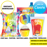 Kit editable para fiesta de Trolls: plantillas de Canva (bolsas de papas fritas, etiquetas y más)