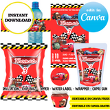 Coches, plantilla editable, descarga digital instantánea editable de Canva, bolsa de patatas fritas, adorno, etiqueta