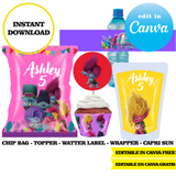 Kit editable para fiesta de Trolls: plantillas de Canva (bolsas de papas fritas, etiquetas y más)