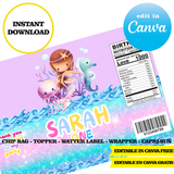 Editable Mermaid tail Party Kit – Canva Templates (Chip Bags, Labels & More)