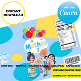 Editable Cleo and cuquin Party Kit – Canva Templates (Chip Bags, Labels & More)