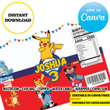 Pokémon, plantilla editable, descarga digital instantánea editable de Canva, bolsa de patatas fritas, adorno, etiqueta