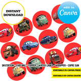 Coches, plantilla editable, descarga digital instantánea editable de Canva, bolsa de patatas fritas, adorno, etiqueta