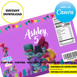 Kit editable para fiesta de Trolls: plantillas de Canva (bolsas de papas fritas, etiquetas y más)