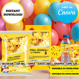 Pokemon, Pikachu cards, Canva Templates, Invitation, Chip Bags, Labels, Capri sun, Toppers