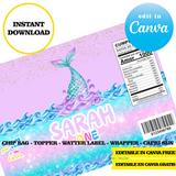Editable Mermaid tail Party Kit – Canva Templates (Chip Bags, Labels & More)