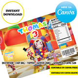 Circo digital Pomni: plantillas de Canva (bolsas para papas fritas, etiquetas y más)
