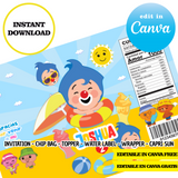Fiesta en la piscina Plim Plim, Plantillas de Canva, Invitación, Bolsas de papas fritas, Etiquetas, Capri Sun, Adornos