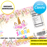 Editable Unicorn glitter Party Kit – Canva Templates (Chip Bags, Labels & More)
