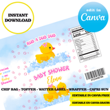 Editable Rubber duck baby shower Party Kit – Canva Templates (Chip Bags, Labels & More)