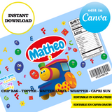 Editable Bob the train Party Kit – Canva Templates (Chip Bags, Labels & More)