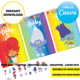 Kit editable para fiesta de Trolls: plantillas de Canva (bolsas de papas fritas, etiquetas y más)