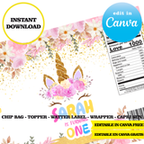Editable Unicorn glitter Party Kit – Canva Templates (Chip Bags, Labels & More)
