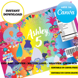 Kit editable para fiesta de Trolls: plantillas de Canva (bolsas de papas fritas, etiquetas y más)