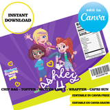 Kit editable para fiesta de Polly Pocket: plantillas de Canva (bolsas de papas fritas, etiquetas y más)