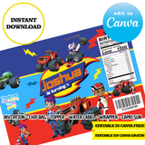 Blaze y los Monster Machines – Plantillas de Canva (bolsas de papas fritas, etiquetas y más)