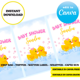 Editable Rubber duck baby shower Party Kit – Canva Templates (Chip Bags, Labels & More)