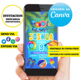 Fiesta en la piscina, plantilla de invitación editable en Canva, descarga digital gratuita, Azul