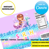 Editable Mermaid tail Party Kit – Canva Templates (Chip Bags, Labels & More)