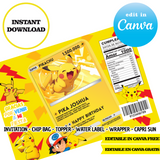 Pokemon, Pikachu cards, Canva Templates, Invitation, Chip Bags, Labels, Capri sun, Toppers