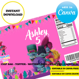 Kit editable para fiesta de Trolls: plantillas de Canva (bolsas de papas fritas, etiquetas y más)