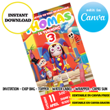 Circo digital Pomni: plantillas de Canva (bolsas para papas fritas, etiquetas y más)