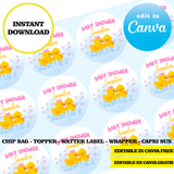 Editable Rubber duck baby shower Party Kit – Canva Templates (Chip Bags, Labels & More)