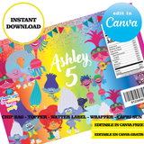 Kit editable para fiesta de Trolls: plantillas de Canva (bolsas de papas fritas, etiquetas y más)