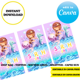 Editable Mermaid tail Party Kit – Canva Templates (Chip Bags, Labels & More)