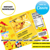 Pokemon, Pikachu cards, Canva Templates, Invitation, Chip Bags, Labels, Capri sun, Toppers