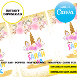 Editable Unicorn glitter Party Kit – Canva Templates (Chip Bags, Labels & More)