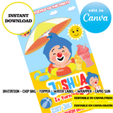 Fiesta en la piscina Plim Plim, Plantillas de Canva, Invitación, Bolsas de papas fritas, Etiquetas, Capri Sun, Adornos
