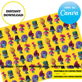 Kit editable para fiesta de Trolls: plantillas de Canva (bolsas de papas fritas, etiquetas y más)