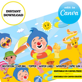 Fiesta en la piscina Plim Plim, Plantillas de Canva, Invitación, Bolsas de papas fritas, Etiquetas, Capri Sun, Adornos