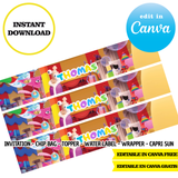 Circo digital Pomni: plantillas de Canva (bolsas para papas fritas, etiquetas y más)