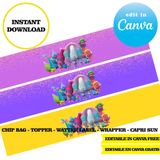 Kit editable para fiesta de Trolls: plantillas de Canva (bolsas de papas fritas, etiquetas y más)