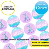 Editable Mermaid tail Party Kit – Canva Templates (Chip Bags, Labels & More)