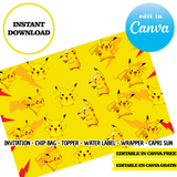 Pokemon, Pikachu cards, Canva Templates, Invitation, Chip Bags, Labels, Capri sun, Toppers