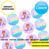Editable Mermaid tail Party Kit – Canva Templates (Chip Bags, Labels & More)