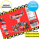 Coches, plantilla editable, descarga digital instantánea editable de Canva, bolsa de patatas fritas, adorno, etiqueta