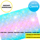 Editable Mermaid tail Party Kit – Canva Templates (Chip Bags, Labels & More)
