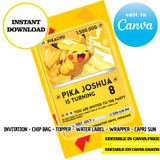 Pokemon, Pikachu cards, Canva Templates, Invitation, Chip Bags, Labels, Capri sun, Toppers