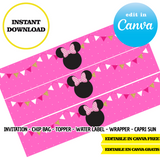 Kit de fiesta de Minnie Mouse Kitty – Plantillas de Canva (bolsas para papas fritas, etiquetas y más)