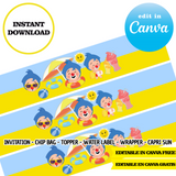 Fiesta en la piscina Plim Plim, Plantillas de Canva, Invitación, Bolsas de papas fritas, Etiquetas, Capri Sun, Adornos