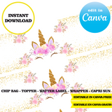 Editable Unicorn glitter Party Kit – Canva Templates (Chip Bags, Labels & More)