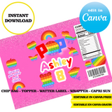 Editable Pop it Party Kit – Canva Templates (Chip Bags, Labels & More)