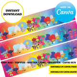 Kit editable para fiesta de Trolls: plantillas de Canva (bolsas de papas fritas, etiquetas y más)